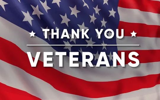 Thank you Veterans text over waving American flag background