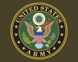 U.S. Army seal with eagle, shield, stars, and gold text on a black circular emblem