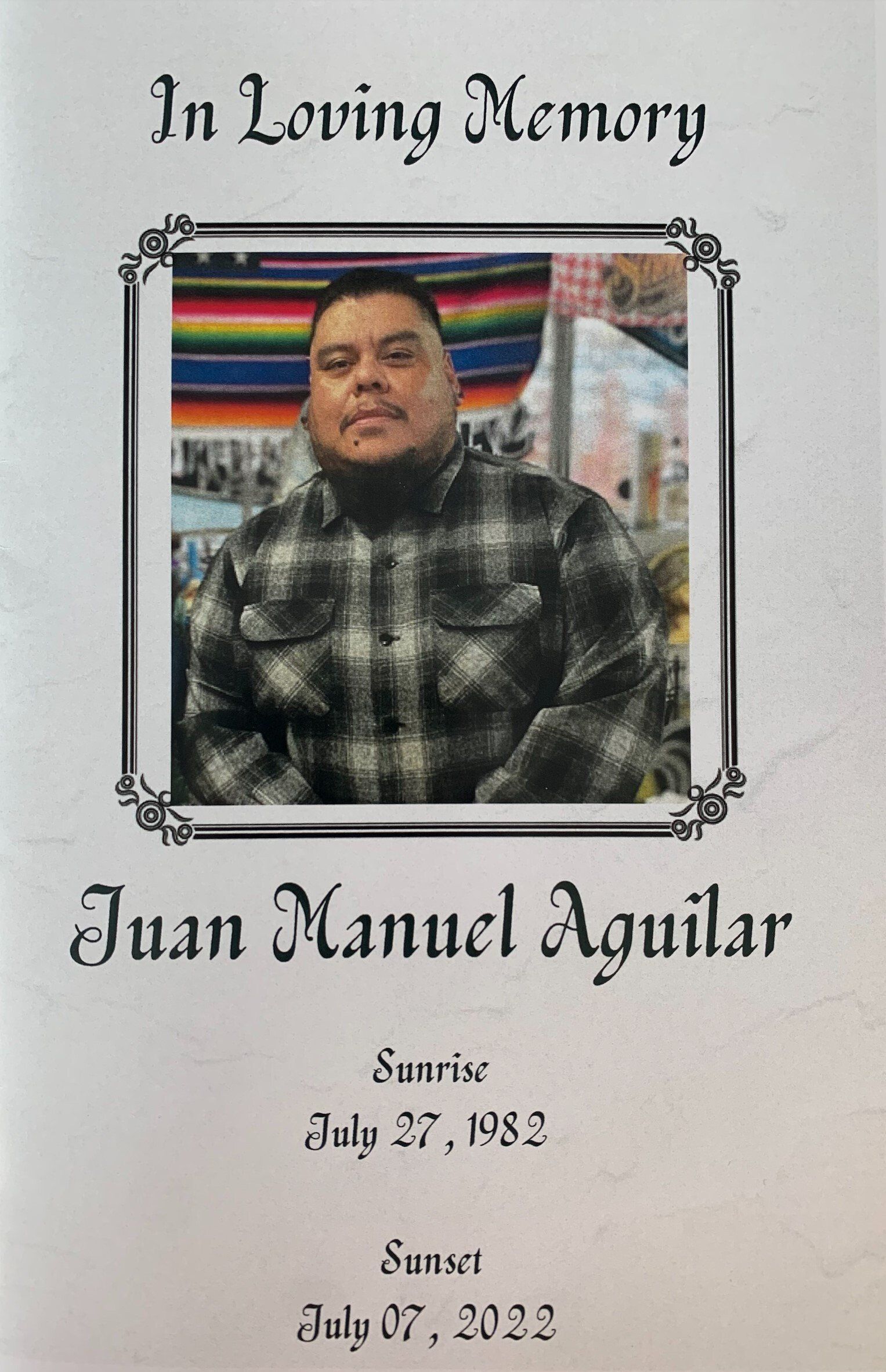 Memorial portrait of Juan Manuel Aguilar with “In Loving Memory” and service dates