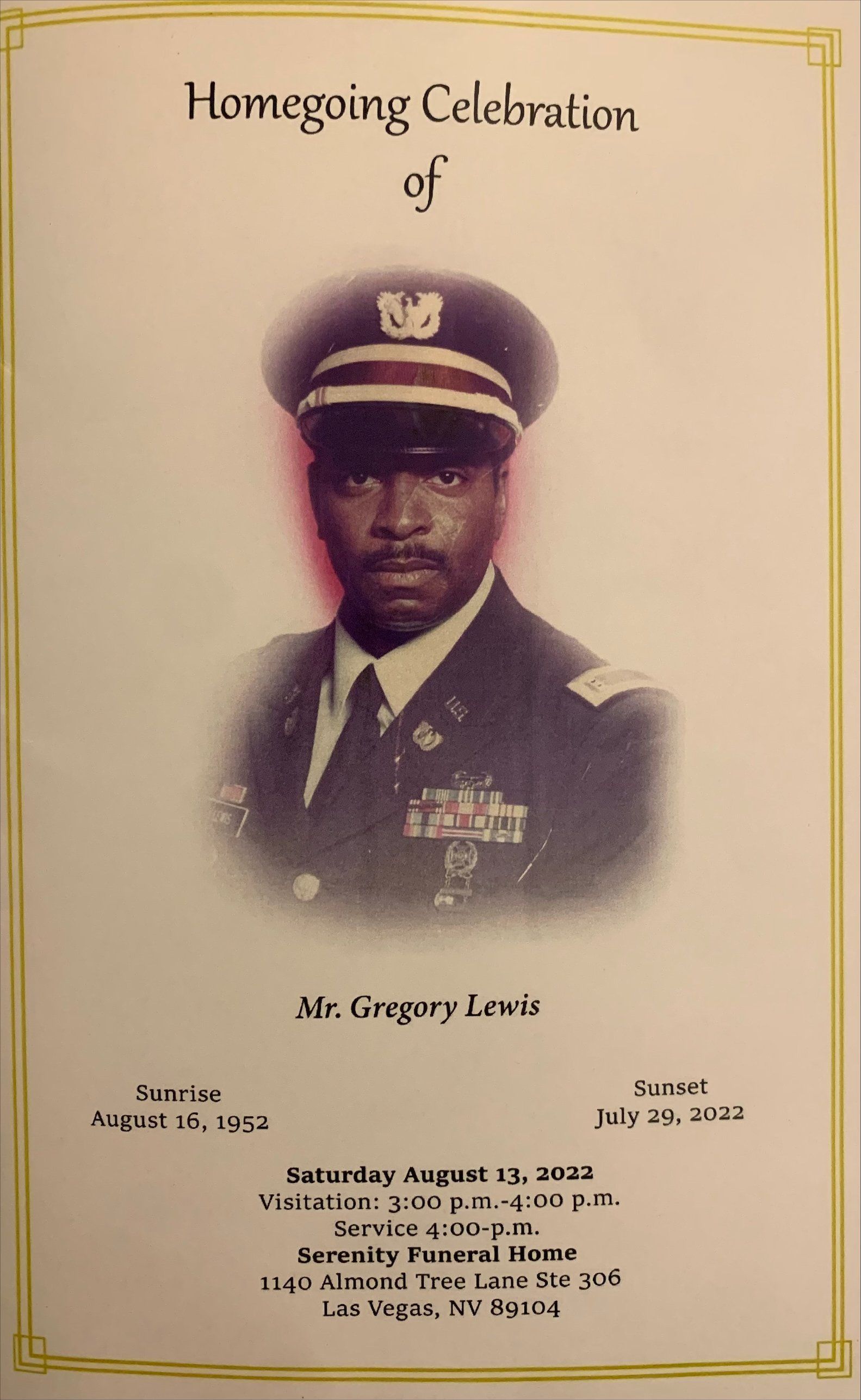 Memorial program cover featuring a man in military uniform with gold border and sepia tones