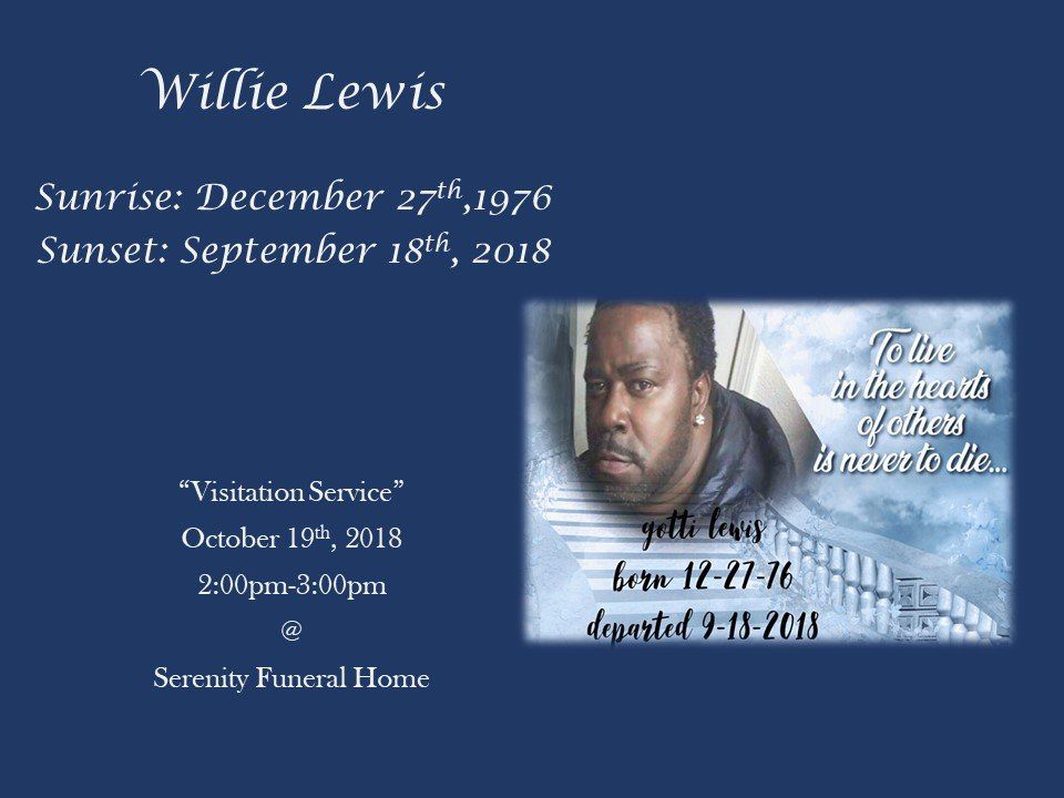 Memorial card for Willie Lewis with portrait, sunrise and sunset dates, and funeral service details.