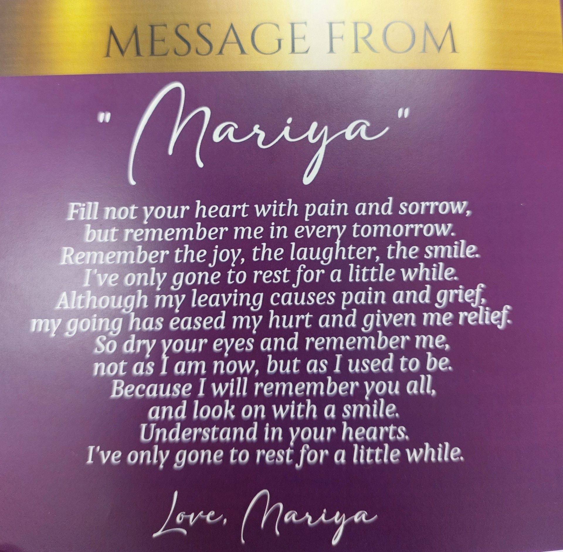 Purple memorial card with the message “Message from Mariya” and a condolence poem in white text.