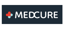 MediCure logo in white text on a dark background with a red and teal medical cross icon