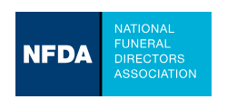 NFDA logo with white text on navy and teal background, reading National Funeral Directors Association