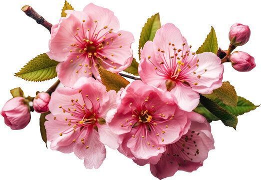 Pink cherry blossom flowers with green leaves on a white background