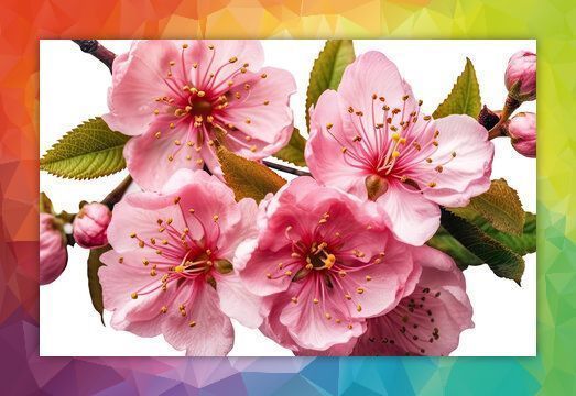 Pink cherry blossoms with green leaves, framed by a colorful geometric border