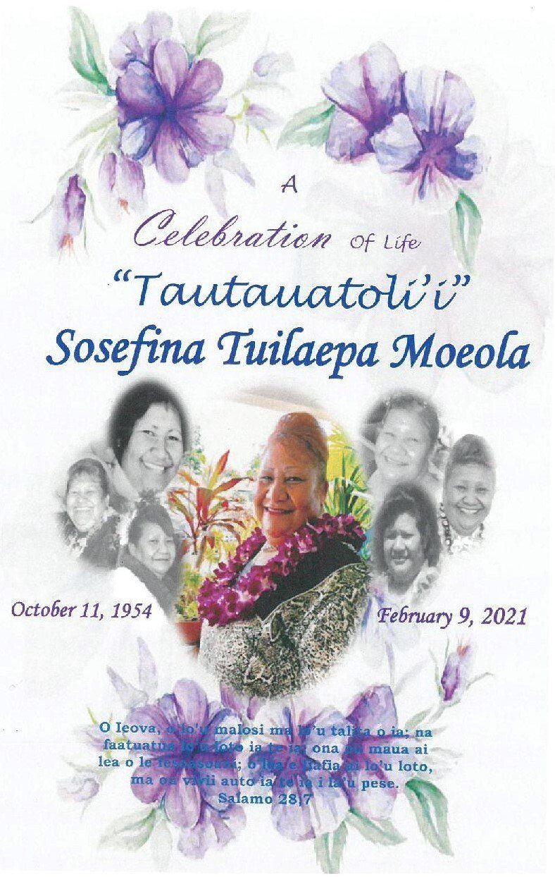 Memorial tribute with purple flowers, grayscale portraits, and text honoring “Tautuaalou” Sosefina Tuileepa Moeola.