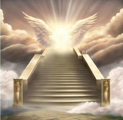 Stairway ascending into a glowing cloudscape beneath radiant angel wings