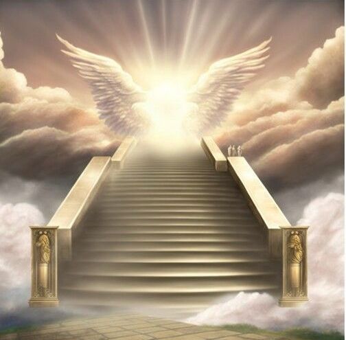Radiant staircase to heaven with glowing wings and clouds in a golden sky