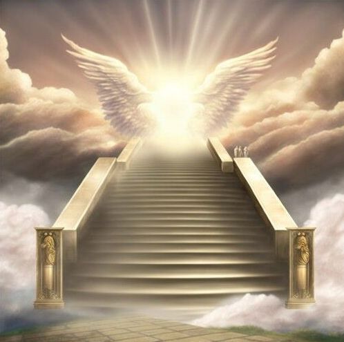 Golden staircase ascending into glowing clouds with radiant angel wings at the top