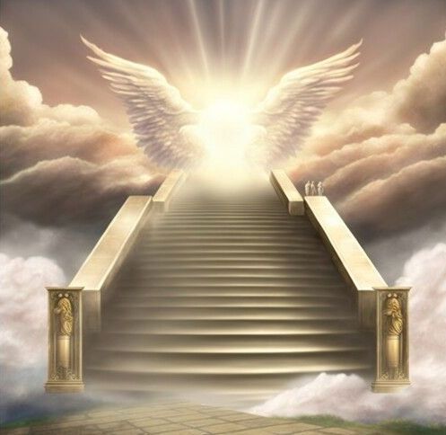 Glowing staircase ascending into clouds toward bright angel wings and light