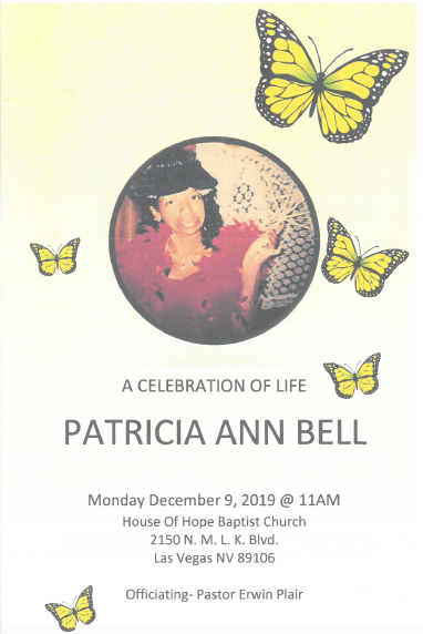 Memorial card with butterfly accents for Patricia Ann Bell, “A Celebration of Life” text and service details.