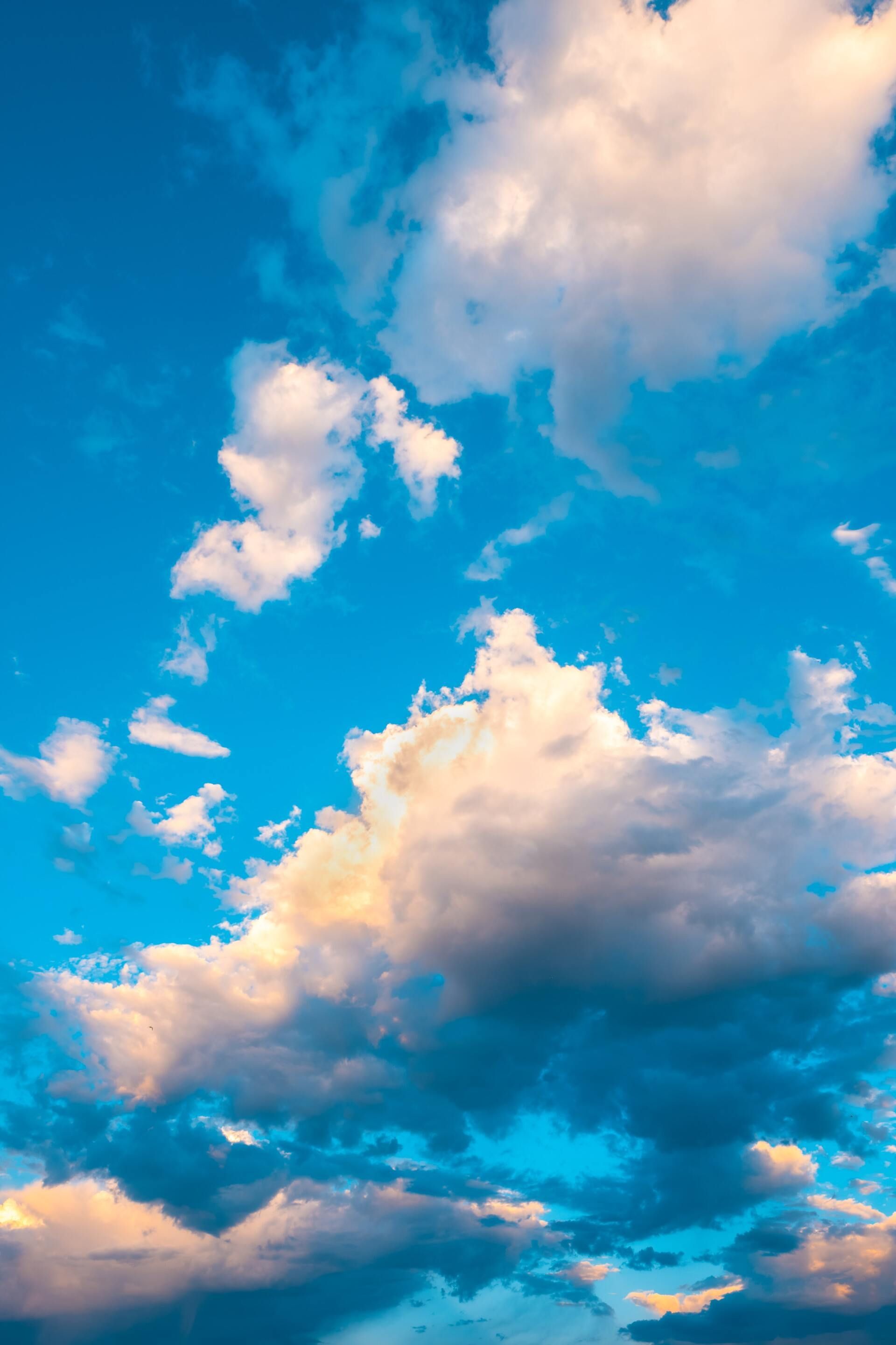 Blue sky with large white clouds lit by warm sunset light