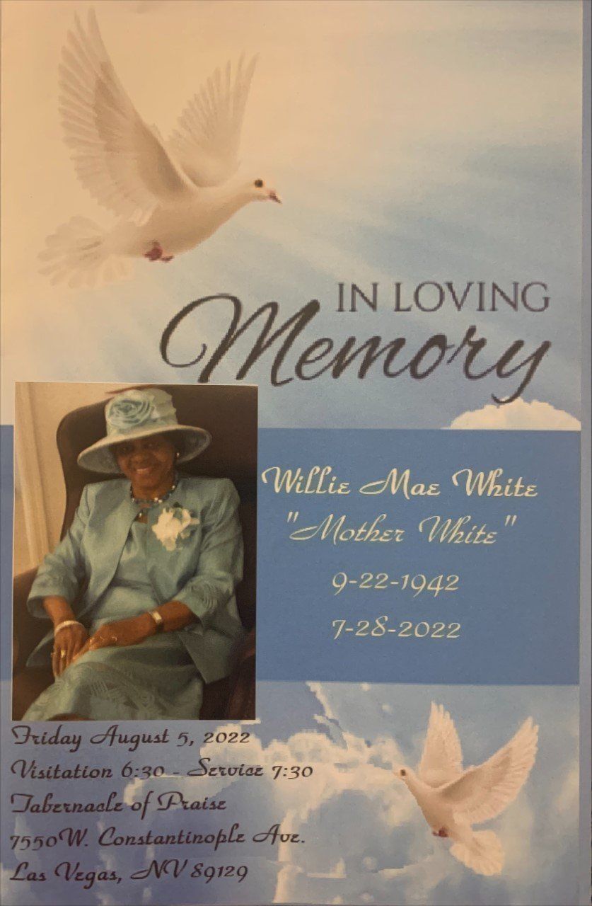 Memorial tribute with doves, portrait, and text honoring Willie Mae White, 1923–2002