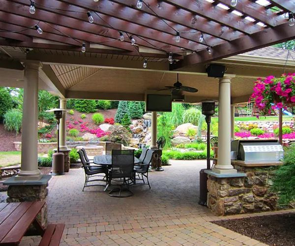 A patio with a table and chairs under a pergola