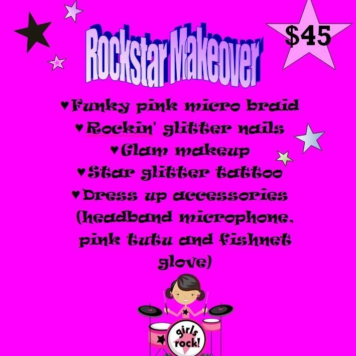 A pink poster that says rockstar makeover for $ 45