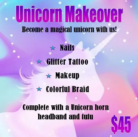 An advertisement for a unicorn makeover for $ 45