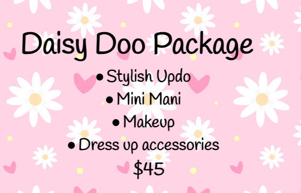 A pink background with white daisies and the words daisy doo package