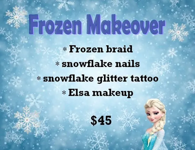 A frozen makeover includes frozen braid snowflake nails snowflake glitter tattoo and elsa makeup