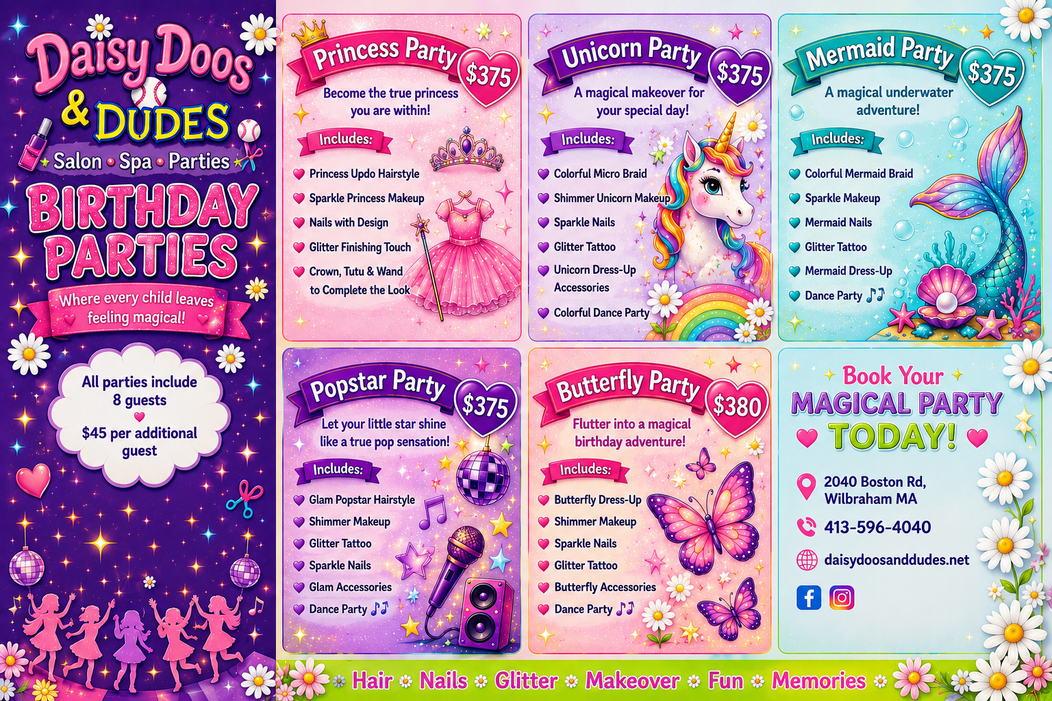 Colorful Daisy Dots & Dudes birthday party flyer with themed unicorn, mermaid, and glow party options