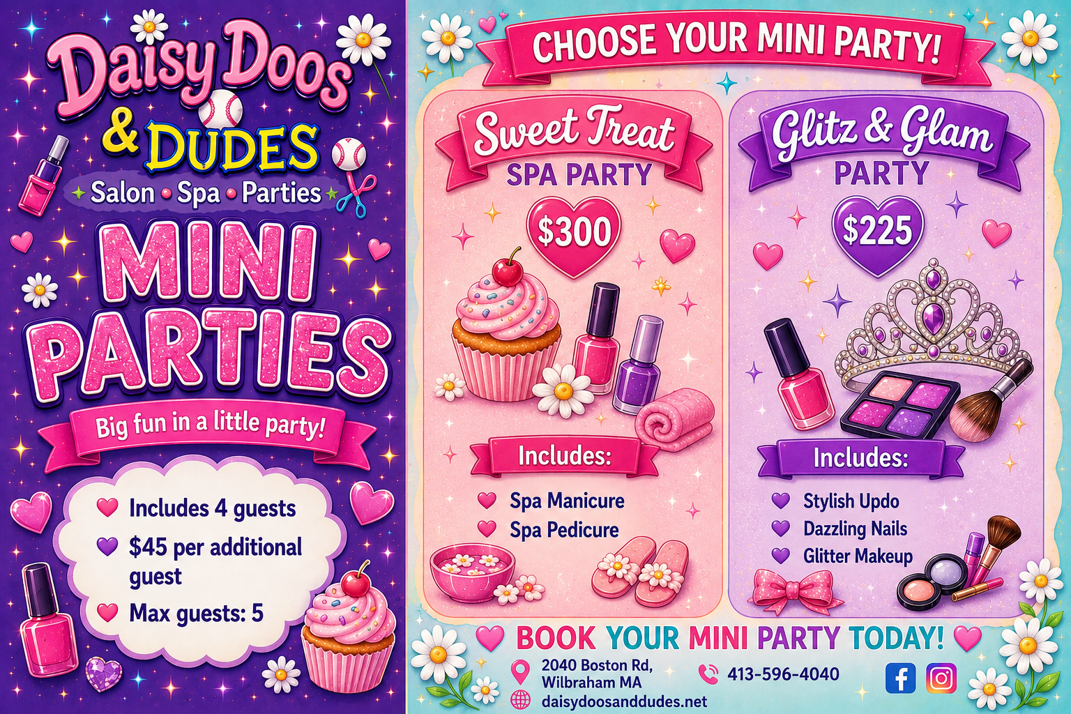 Daisy Doos & Dudes mini parties flyer with pink spa, glam, and birthday party package options