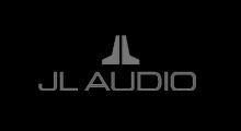 JL Audio logo in gray on a black background.