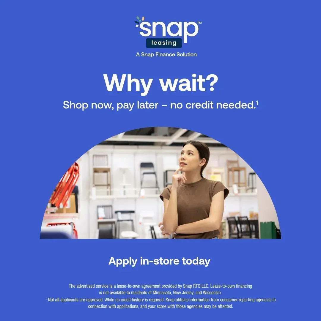 Blue Snap Finance ad with “Why wait?”, a woman shopping, and “Apply in-store today” text