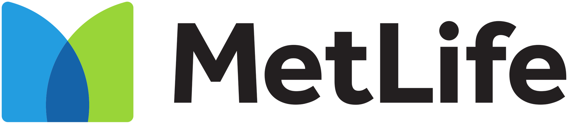 A metlife logo with a blue and green m on a white background.