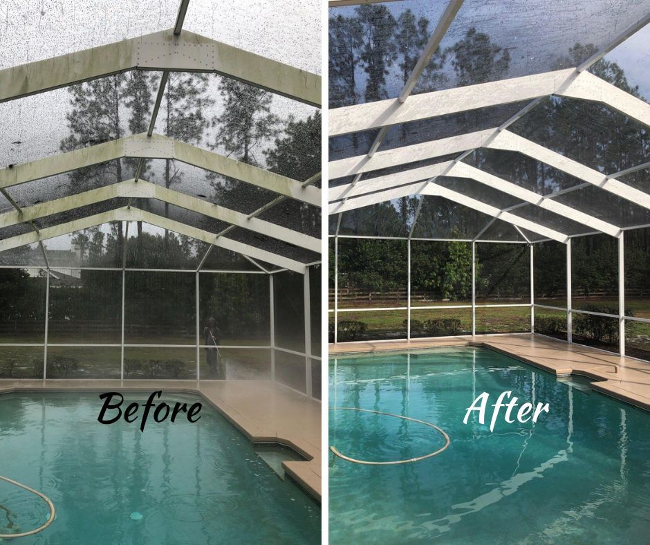 A before and after picture of a screened in swimming pool.