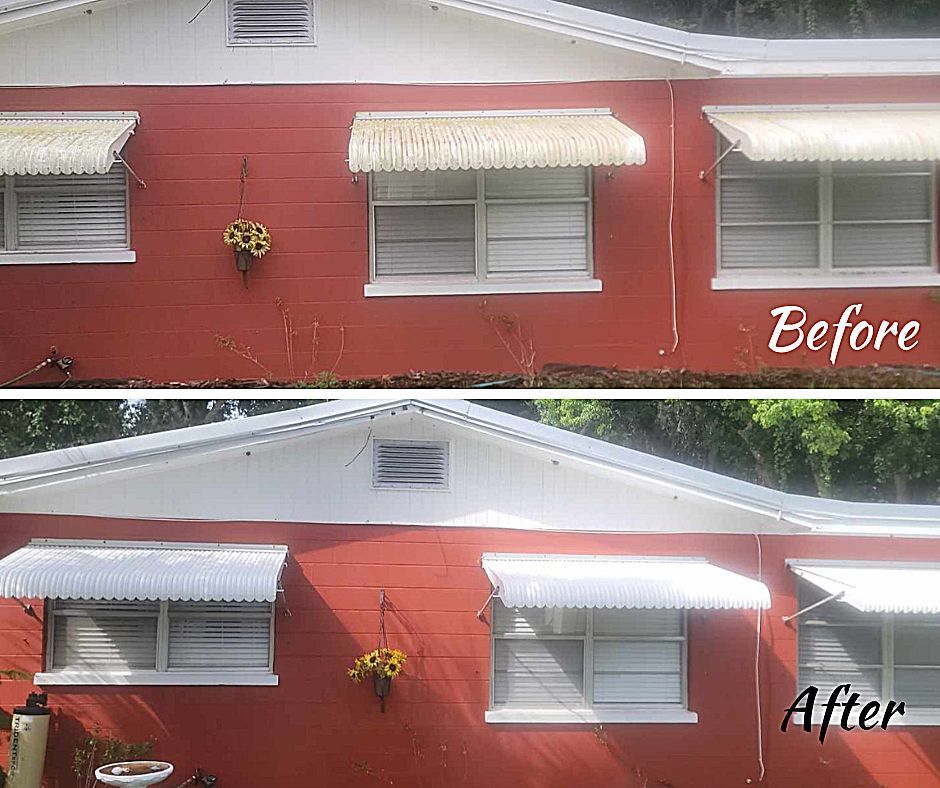 A before and after picture of a red house with white awnings on the windows.