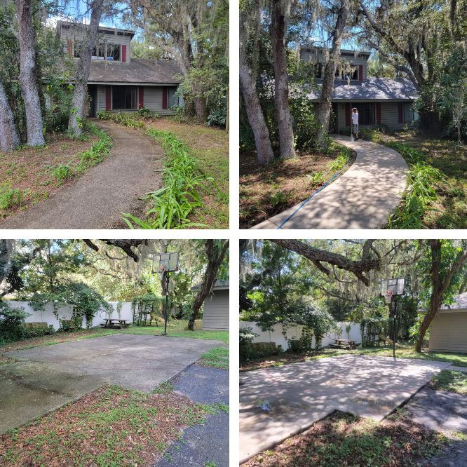 A collage of four pictures of a house and driveway