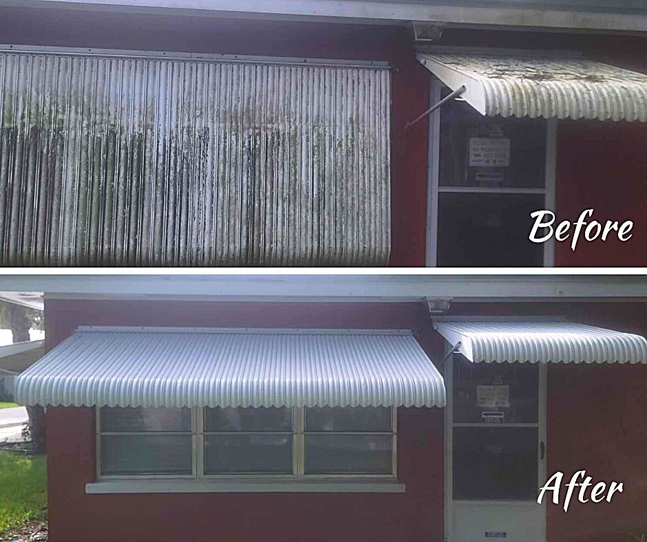 A before and after picture of a house with a white awning