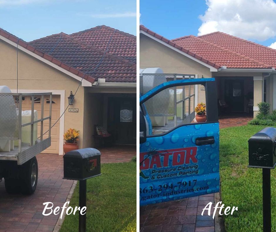A before and after picture of a house with a gator truck parked in front of it