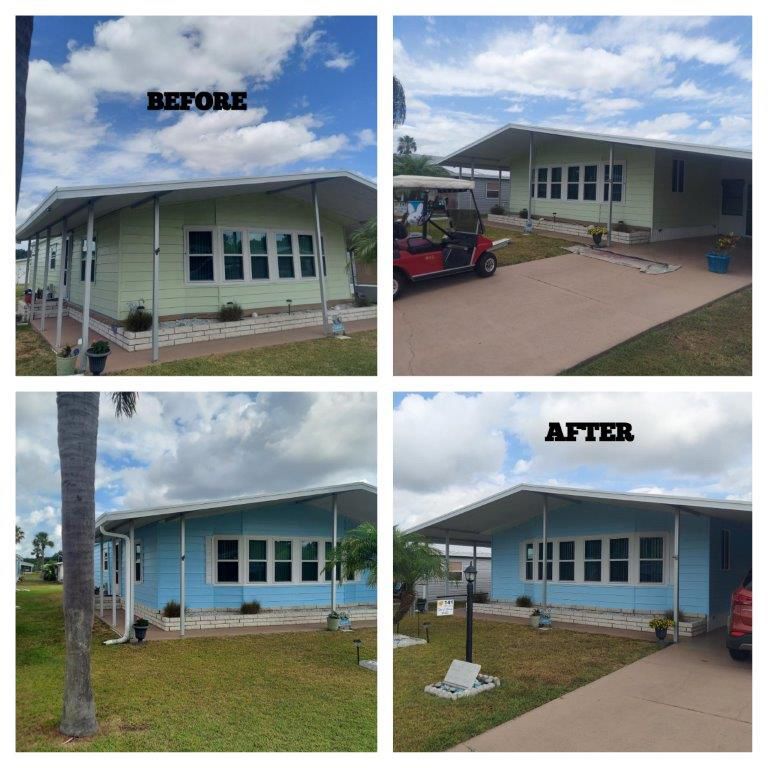 A before and after photo of a mobile home