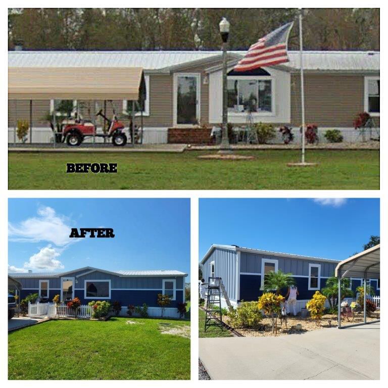 A before and after picture of a mobile home