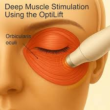 Illustration of eye muscle stimulation, showing the OptiLift device targeting the orbicularis oculi muscle.
