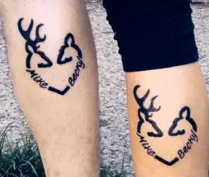 Two matching deer and rabbit tattoos on ankles, with “Hunter” and “Bambi” in script.