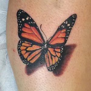 Orange-and-black monarch butterfly tattoo on skin, with shaded wings and white spots