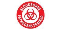 Red circular biohazard training badge with white “Bloodborne Pathogens Trained” text