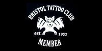 Bristol Tattoo Club member patch with white text and bat emblem on black background