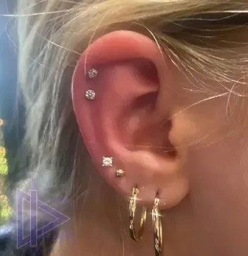 Close-up of an ear with multiple silver piercings and small hoop earrings, in light blonde hair