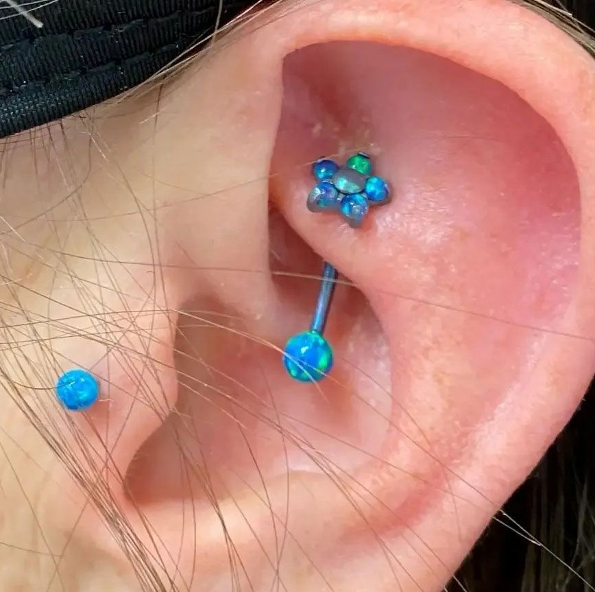 Close-up of an ear with blue flower and ball piercings and a small blue stud on the lobe
