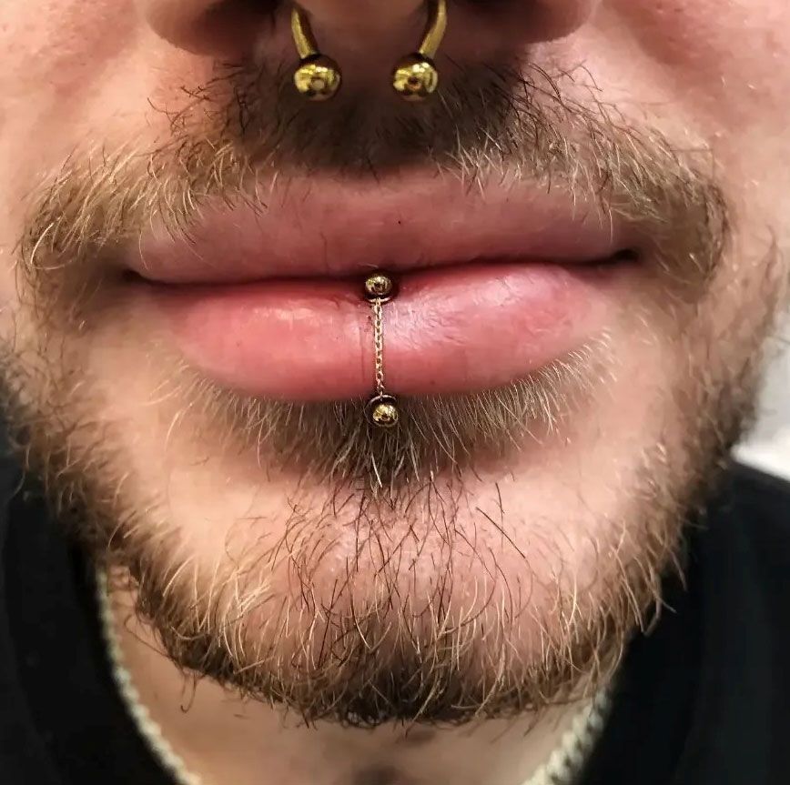 Close-up of a person’s mouth with a gold septum ring and lip ring in a beard.
