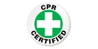 CPR certified badge with green medical cross and black text