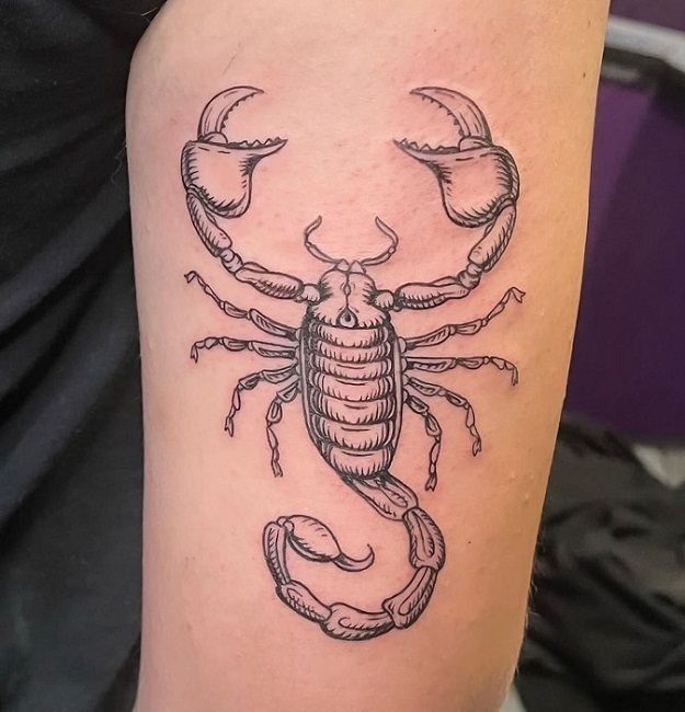 Black scorpion tattoo on skin, detailed line art with raised claws and curled tail.