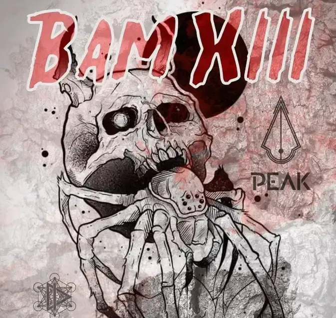 Red skull illustration with “BAM XIII” text and “PEAK” logo on a grungy pink background