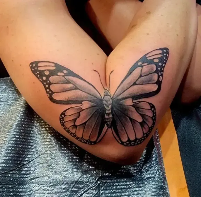 Butterfly tattoo across both knees, with black and pink wings on bare skin.