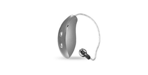 Gray behind-the-ear hearing aid with a clear tube and ear tip, on a white background.