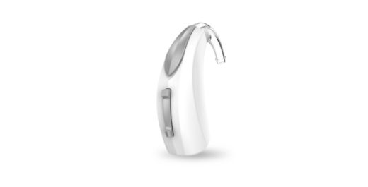 White, over-the-ear hearing aid with a small, clear tube extending to the ear.