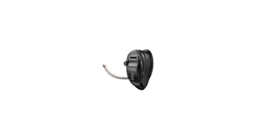 Black behind-the-ear hearing aid with a thin tube.